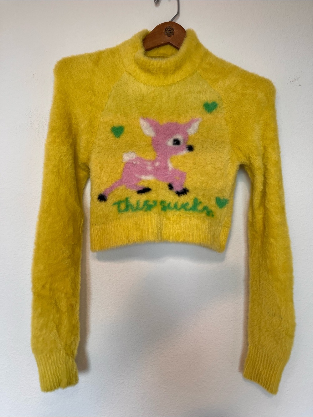 Urban Outfitters Yellow Fuzzy Cowl-Neck Sweater with Pink Deer